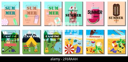 Grande set estivo. Immagine vettoriale piatta di una vendita estiva di beni. Pubblicità su un banner, un sito Web o un volantino circa il 50% di sconto sui prodotti Illustrazione Vettoriale