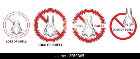 Set di icone del senso di perdita dell'odore. Nessuna abilità sensazione di profumo, naso che cola. Sintomi di anosmia, corona virus o malattia influenzale. Difficoltà di odore nasale. Vettore Illustrazione Vettoriale