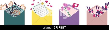 Un set di buste postali multicolore e bouquet di fiori. Illustrazione Vettoriale