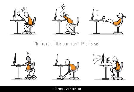 Insieme vettoriale di umorismo cartone animato uomo di fronte a un computer in diversi atteggiamenti e pose. Stampa illustrazione. Illustrazione Vettoriale