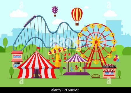 Parco divertimenti con montagne russe da circo e attrazioni sullo sfondo della città. Fiera del divertimento e paesaggio a tema carnevale. Ruota di ferro e allegro-go-round festival vettore illustrazione eps Illustrazione Vettoriale