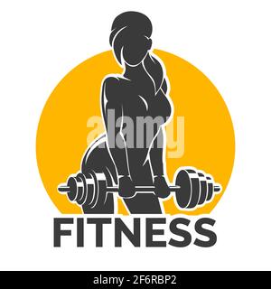 Silhouette di ragazza Bodybuilder di addestramento con Barbell. Emblema della palestra del club fitness. Illustrazione vettoriale. Illustrazione Vettoriale