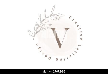 Logo Letter V con pennello acquerello e scritta circolare e foglie di contorno in colori pastello. Illustrazione vettoriale creativa con lettera V per BE Illustrazione Vettoriale