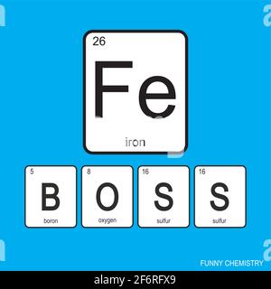 Gli elementi chimici della tavola periodica, divertente frase-boss ferro su sfondo bianco, illustrazione vettoriale. Illustrazione Vettoriale