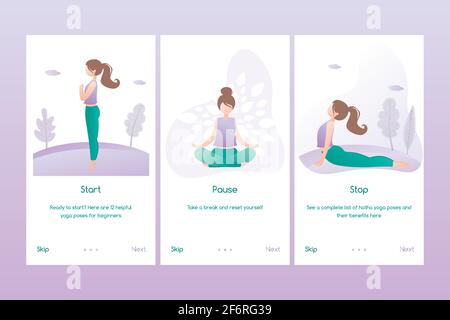 Set di banner yoga o applicazioni di pagine mobili, femmina che fa yoga posizioni, illustrazione vettoriale piatta alla moda Illustrazione Vettoriale