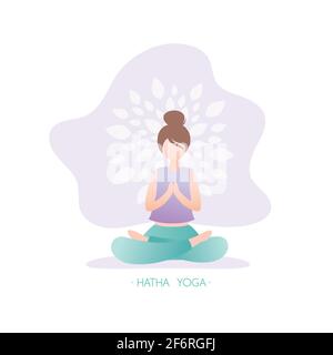 Ragazza seduta in posa yoga, donna in posizione lotus e text- hatha yoga, fitness donna carattere, banner o logo modello, vettore illustrazione in trendy Illustrazione Vettoriale