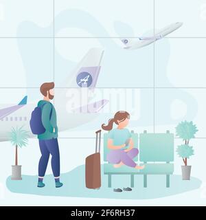 La gente sta aspettando la partenza all'aeroporto, maschio e femmina personaggi con gadget e bagagli, aeroplano sullo sfondo, illustrazione vettoriale in tren Illustrazione Vettoriale