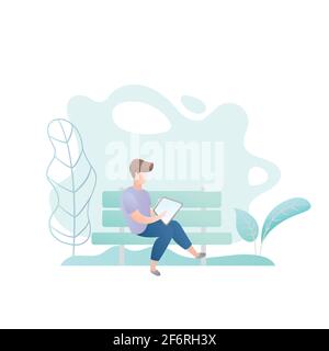 Personaggio maschile seduto sul banco, ragazzo con tablet pc, design alla moda stile, illustrazione vettoriale Illustrazione Vettoriale