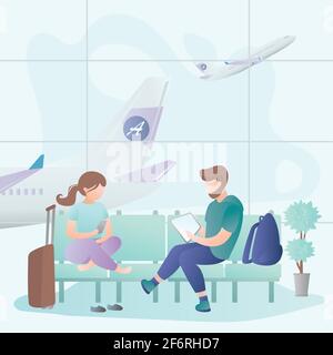 La gente sta aspettando la partenza all'aeroporto, maschio e femmina personaggi con gadget e bagagli, aeroplano sullo sfondo, illustrazione vettoriale in tren Illustrazione Vettoriale