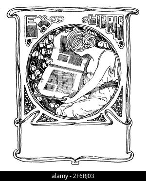 Donna che legge in giardino bookplate dall'artista canadese Alexander Scott Carter di Studio Magazine of fine and Applied Art Foto Stock