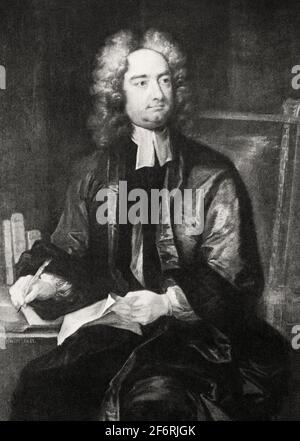 Un ritratto di Jonathan Swift (1667-1745), il satirista anglo-irlandese, il essayista, il pamphleteer politico (prima per i Whigs, poi per i Tories), poeta e clero anglicano che divenne Decano della Cattedrale di San Patrizio, Dublino, da cui il suo comune sobriquet, 'dean Swift'. Principalmente ricordato Gulliver's Travels (1726), è considerato come il più grande satirista prosa in lingua inglese. Ha scritto altre opere ed è meno noto per la sua poesia. Foto Stock