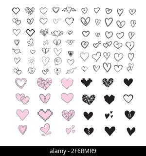 Set di cuori unici disegnati a mano. Set di icone a mano vettoriali. Immagine isolata su sfondo bianco. Illustrazione Vettoriale