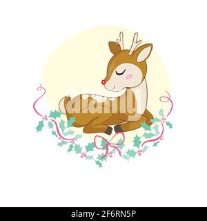 Carino Cartoon Baby Deer con fiori di sfondo Illustrazione Vettoriale