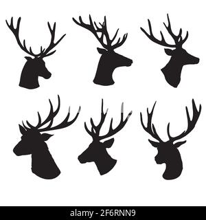 Set di una silhouette di testa di cervo su sfondo bianco Illustrazione Vettoriale