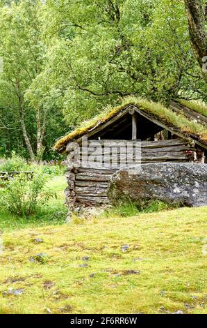 Casa tradizionale scandinava con tetto verde - antiche tradizioni edilizie Nel Parco Nazionale di Jostedalsbreen - Norvegia Foto Stock