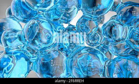 Sfondo liquido di sfere blu trasparenti e riflettenti che si fondono con A vicenda come bolle o glass.3D Illustrazione Foto Stock