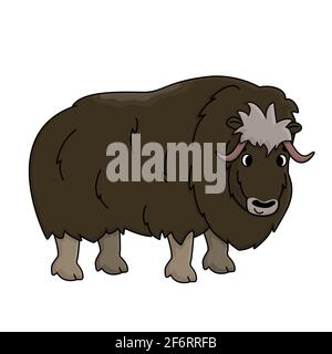 Marrone vettore contorno cartoon mano disegnata maschio Muskox. Doodle illustrazione isolata su sfondo bianco, vista laterale di un animale ovibos moscatus in piedi Illustrazione Vettoriale