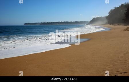 Nebbia sulla spiaggia di Lumahai, Kauai Foto Stock