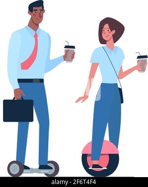 Uomo africano e ragazza riding.on giroboard. Un paio di manager con caffè in mano a bordo di un mezzo di trasporto ecologico alternativo. Vettore in stile piatto. Illustrazione Vettoriale