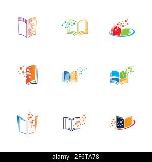 Design vettoriale con icone per la tecnologia del logo del libro digitale Illustrazione Vettoriale