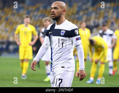 KIEV, UCRAINA - 28 MARZO 2021: Ritratto di Nikolai Alho di Finlandia visto durante la Coppa del mondo FIFA 2022 turno di qualificazione contro l'Ucraina allo stadio NSK Olimpiyskiy di Kiev Foto Stock