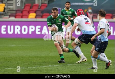 BRENTFORD, INGHILTERRA - APRILE 02: George Nott of London Irish durante la European Champions Cup tra London Irish e Cardiff Blues al Brentford Community Stadium di Brentford, Regno Unito il 02 Aprile 2021 Credit: Action Foto Sport/Alamy Live News Foto Stock