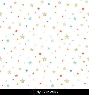 Motivo carino senza cuciture con stelle, punti e cerchi colorati poco diversi su sfondo bianco. Illustrazione vettoriale. Fuochi d'artificio magici. Bright Stardus Illustrazione Vettoriale