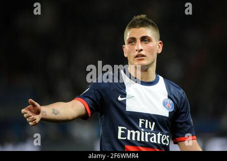 File photo datato 02 aprile 2014 del giocatore di Parigi Saint Germain Marco Verratti durante la finale della UEFA Champions League 1/4, PSG vs Chelsea (3-1), a Parc des Princes, Parigi, Francia. Verratti si è ancora una volta dato prova di positivo per Covid-19 e mancherà la 1° tappa del Quarterfinal della UEFA Champions League tra Bayern Monaco e Parigi Saint-Germain. Il centrocampista italiano aveva dato risultati positivi per il virus nel gennaio di quest'anno e ancora una volta contratte il virus. Ha giocato due delle tre partite di qualificazione della Coppa del mondo per l'Italia in cui hanno battuto l'Irlanda del Nord e la Bulgaria. Foto di Foto Stock