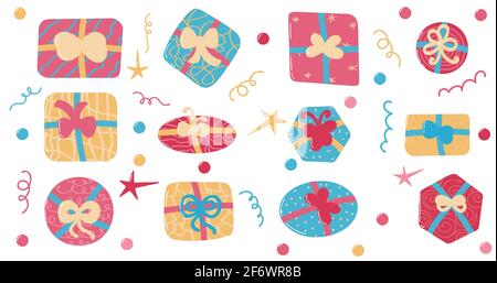 Set di confezioni regalo e regalo colorate per tutte le vacanze isolate illustrazione vettoriale Illustrazione Vettoriale