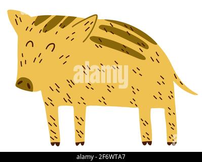 Carino animale selvatico della foresta di cinghiali. Illustrazione vettoriale doodle disegnata a mano. Design piatto in stile scandinavo, isolato su bianco. Illustrazione Vettoriale