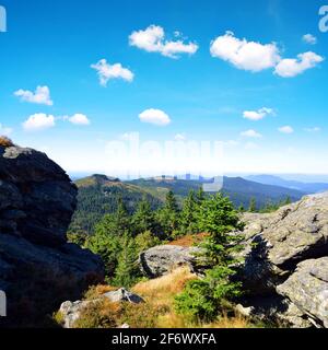 Paesaggio nel Parco Nazionale Bayerischer wald, vista dalla montagna Grosser Arber, Germania. Foto Stock