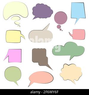 Set di fumetti colorati bolle del parlato. Fumetti di discussione, set di fumetti di discussione, palloncini di chiacchierata di doodle o elementi di tag di pensiero di schizzo iso Illustrazione Vettoriale