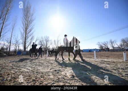 (210403) -- BURQIN, 3 aprile 2021 (Xinhua) -- gli studenti della scuola di imbarco di Oymak praticano l'equitazione durante una classe equestre nella contea di Burqin, nella regione autonoma di Xinjiang Uygur, nel nord-ovest della Cina, 30 marzo 2021. La gente nella regione autonoma di Xinjiang Uygur ha una tradizione di allevamento di cavalli e di equitazione. La scuola di imbarco di Oymak ha cominciato ad offrire le classi equestri alla fine del 2019. Gli studenti, la maggior parte dei quali provengono da famiglie di pastori, imparano sia la conoscenza teorica che la pratica di equitazione sulle classi equestri. Dopo le lezioni, gli studenti si rafforzano fisicamente e amano la vita e la natura più t Foto Stock