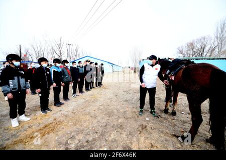(210403) -- BURQIN, 3 aprile 2021 (Xinhua) -- allenatore equestre Abduhyem Abduryem (R) spiega la conoscenza ai suoi studenti dalla Oymak Boarding School durante una classe equestre nella contea di Burqin, nella regione autonoma di Xinjiang Uygur, 29 marzo 2021. La gente nella regione autonoma di Xinjiang Uygur ha una tradizione di allevamento di cavalli e di equitazione. La scuola di imbarco di Oymak ha cominciato ad offrire le classi equestri alla fine del 2019. Gli studenti, la maggior parte dei quali provengono da famiglie di pastori, imparano sia la conoscenza teorica che la pratica di equitazione sulle classi equestri. Dopo le lezioni, gli studenti si rafforzano p Foto Stock