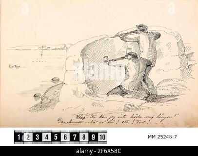 Disegno.penna con due soldati in un filo di tiro a Kungsholms Fort.They hanno i fucili nella struttura e sembrano mirare a un paio di uccelli marini che nuotano nel passato in acqua.testo durante il disegno racconta la storia.utilizzo: Punta pagina 6 ad una serie di disegni che a loro volta hanno un'azione coerente sulla conservazione (equivalente) a Kungsholms Fort alla metà del 1800.1866 - 1866 (probabile) Foto Stock