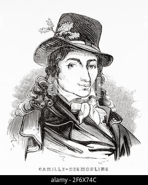 Ritratto di Camille Desmoulins (1760-1794) giornalista francese e rivoluzionario, ghigliottinato contemporaneamente a Danton. Francia, Rivoluzione francese 18 ° secolo. Vecchia illustrazione incisa da Histoire de la Revolution Francaise 1845 Foto Stock