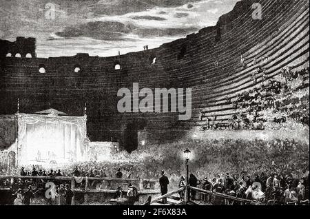 Anfiteatro Romano Arena di Verona in Piazza Bra nel centro storico di Verona, Veneto, Italia. Europa. Antica illustrazione del 19 ° secolo inciso da El Mundo Ilustrado 1879 Foto Stock