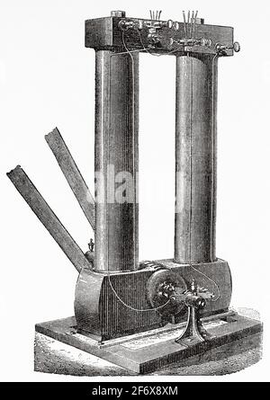 Macchina elettrica dinamoelettrica presentata da Thomas Edison all'esposizione Internazionale di Elettricità. Parigi, Francia. Europa. Antica illustrazione del 19 ° secolo inciso da El Mundo Ilustrado 1879 Foto Stock