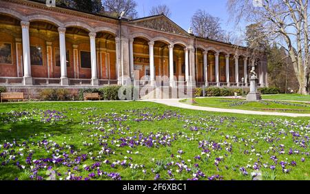 Vista del foyer nei giardini termali di Baden Baden con un prato fiorito di cocco e il Monumento di Wilhelm l. Baden Wuerttemberg, Germania, Europa Foto Stock