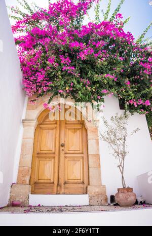 Bella casa bianca di Lindos con fiori rosa bourgainvillea. Grandi vecchie porte di legno e gatto nascosto dietro pentola. Rodi, Grecia. Foto Stock