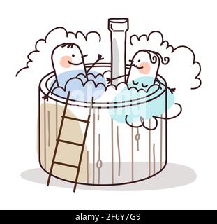 Coppia di cartoni disegnati a mano che si rilassano in una Jacuzzi all'aperto Illustrazione Vettoriale