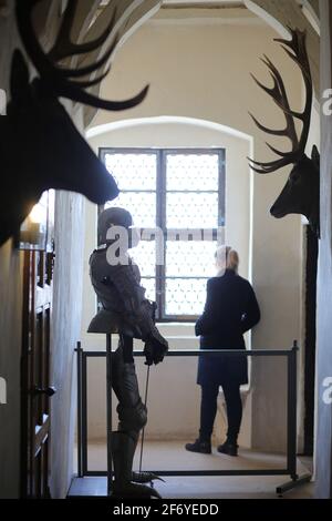 03 aprile 2021, Sassonia-Anhalt, Pansfelde: Un dipendente guarda fuori da una finestra. Falkenstein Castello nella regione meridionale di Harz è stato riaperto ai visitatori per la prima volta dopo una lunga pausa a causa della pandemia di Corona. Dopo aver prenotato per telefono, i visitatori possono visitare i giardini del castello e provare una dimostrazione di falconeria. Il castello si trova sopra il Selketal. Il complesso fortificato fu costruito all'inizio del XII secolo e passò come feudo alla nobile famiglia Asseburg nel XV secolo. Foto: Mathias Bein/dpa-Zentralbild/dpa Foto Stock