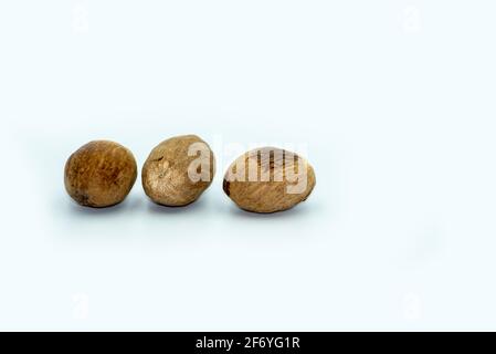 Mumbai , India - 15 marzo 2021, Nutmeg o Jaifal Spice su sfondo bianco a Mumbai Maharashtra India Foto Stock