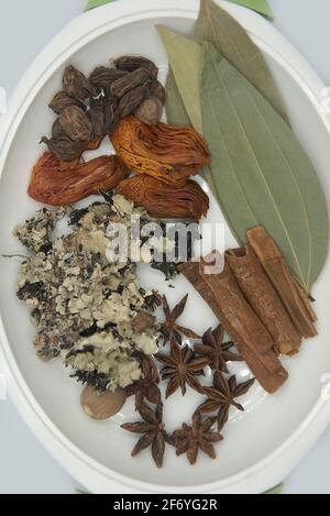 Mumbai , India - 15 marzo 2021, le spezie indiane di cucina ( Garam masala ) è una miscela aromatica tradizionale di spezie usata nella cucina indiana arrangiata su bianco Foto Stock