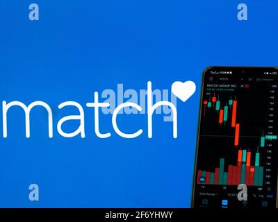 Ucraina. 3 Apr 2021. In questa illustrazione sono riportate le informazioni del mercato azionario di Match Group, Inc. Visualizzate su uno smartphone con il logo Match Group, Inc. Sullo sfondo. Credit: Gollovniov/SOPA Images/ZUMA Wire/Alamy Live News Foto Stock
