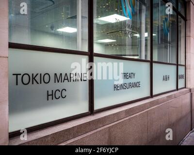 Uffici della Tokio Marine HCC Insurance Company nel distretto finanziario della città di Londra. Tokio Marine HCC è un gruppo internazionale di assicurazioni specialistiche. Foto Stock