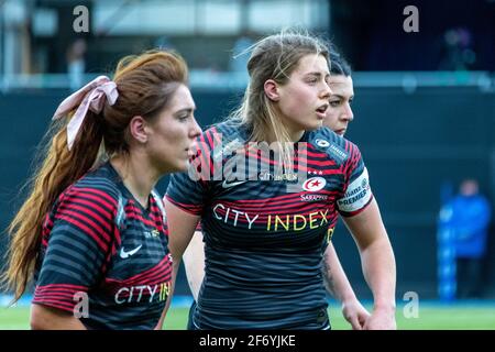 Londra, Regno Unito. 27 Marzo 2021. Sophie de Goede (n.4 Saracens Women) in un incontro durante il gioco Allianz Premier 15s tra Saracens Women e Harlequins Women allo StoneX Stadium di Londra, Inghilterra. Credit: SPP Sport Press Photo. /Alamy Live News Foto Stock