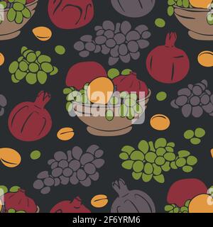 Modello vettoriale senza cuciture con melograni, persimmon e uva in ciotola. Frutta su sfondo scuro. Illustrazione Vettoriale