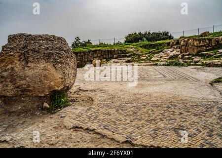 Un antico pavimento a mosaico nel sito archeologico di Khirbat Umm Burj, Israele, in un giorno coperto. Foto Stock