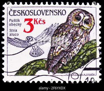 MOSCA, RUSSIA - 18 GENNAIO 2021: Francobollo stampato in Cecoslovacchia mostra Tawny Owl (Strix aluco), serie protezione della natura, circa 1986 Foto Stock